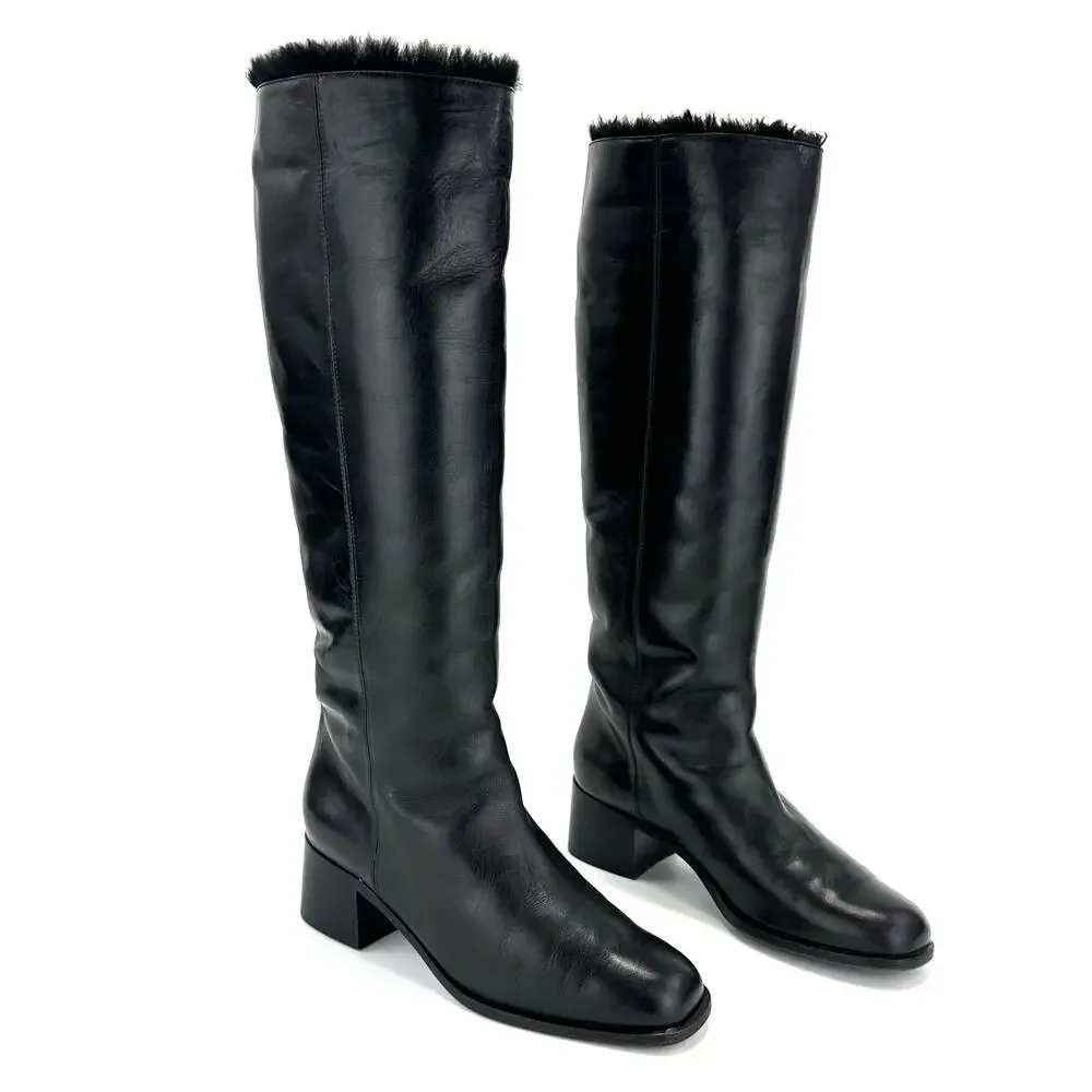 Bally Women Black Winter Knee High Boot Sz 36/5.5 Leather Foldable FurTrim Lined